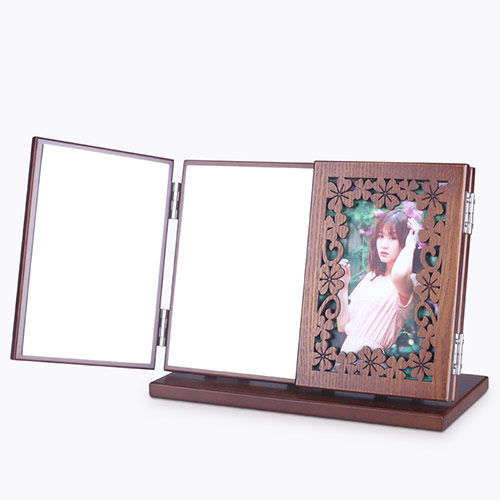 照片实木三折化妆镜